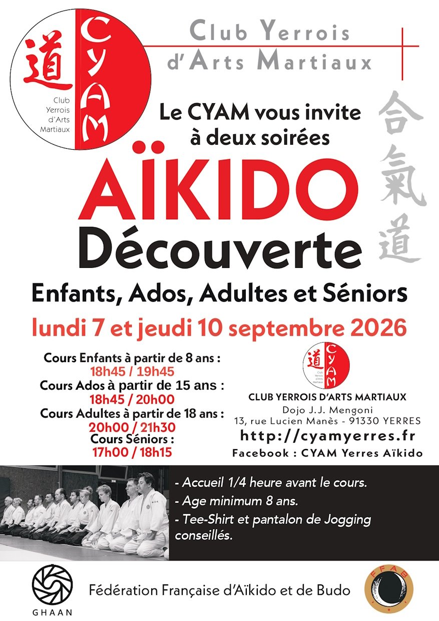 Aïkido Découverte — soirées du lundi 7 et jeudi 10 septembre 2026, enfants, ados, adultes et séniors